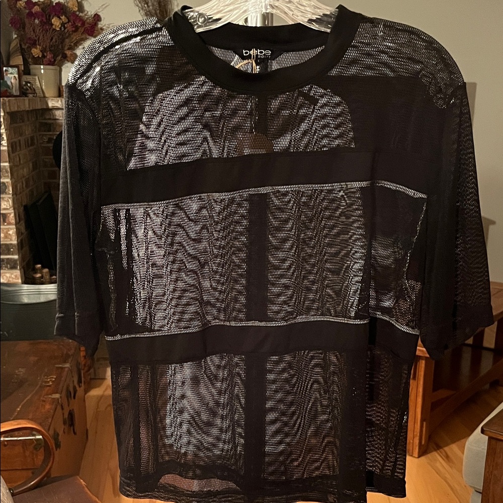 bebe Sport Black Sheer Mesh Short Sleeve Crew Top with Stripe Panels, Size Large